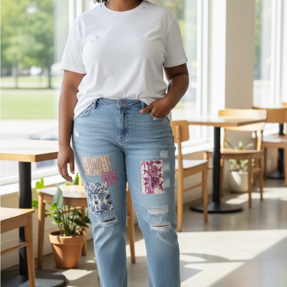 Lane Bryant Light Blue Patchwork Cuffed Straight-… - image 1